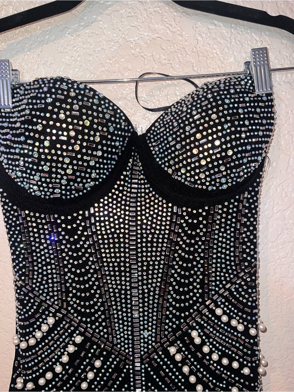 NWT Fashion Nova Black Strapless Rhinestone & Pearl Bodycon Mini Dress - Picture 2 of 5